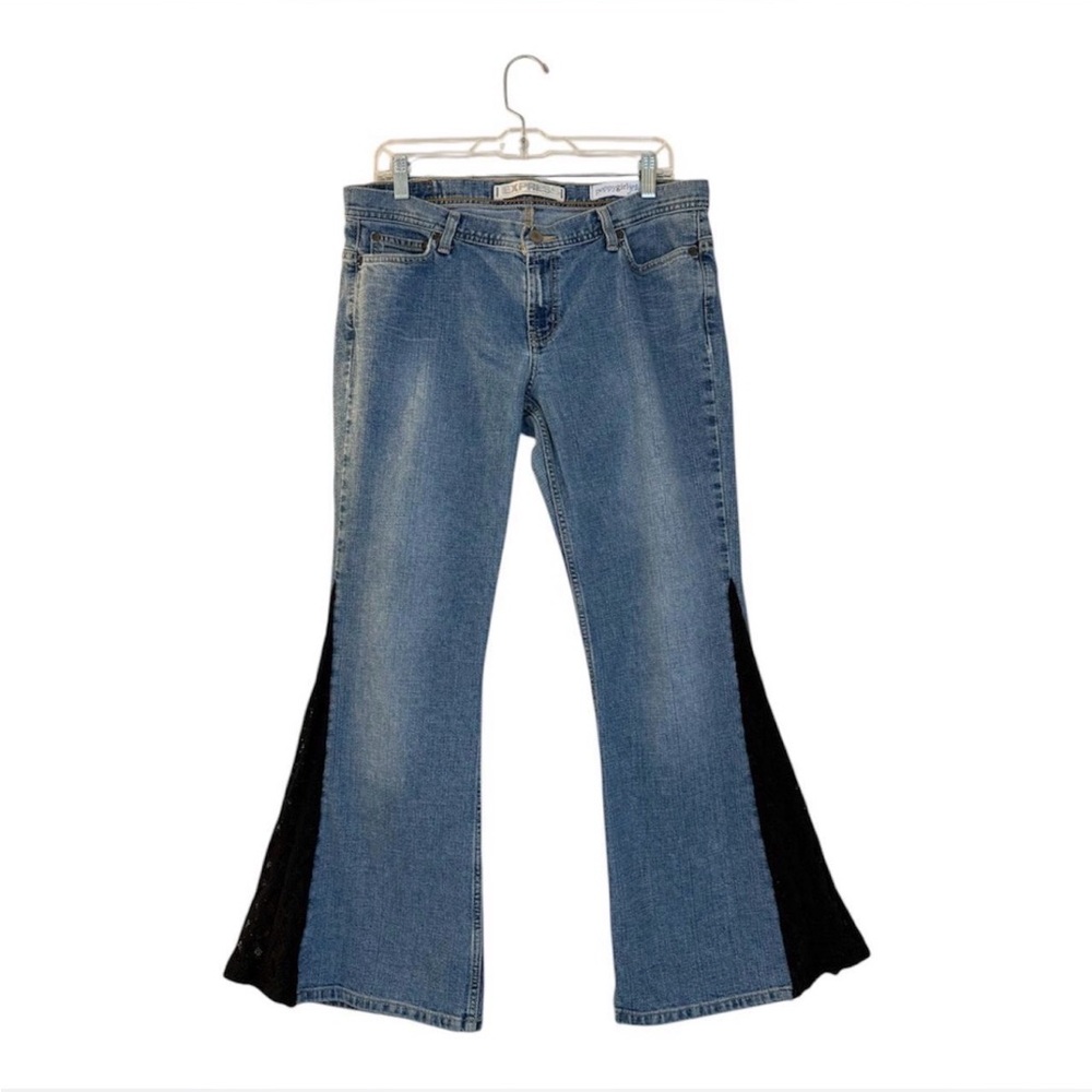Express Blue Denim Flare Jeans with Black Panels